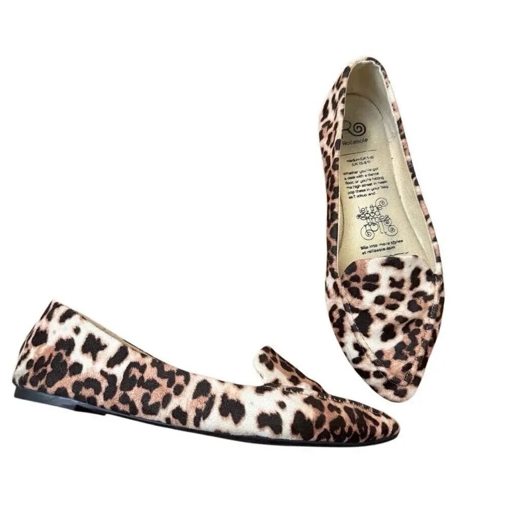Rollasole Cheetah Print Pointed Toe Flats Foldable Flats Medium Fit Size 7.5-8.5